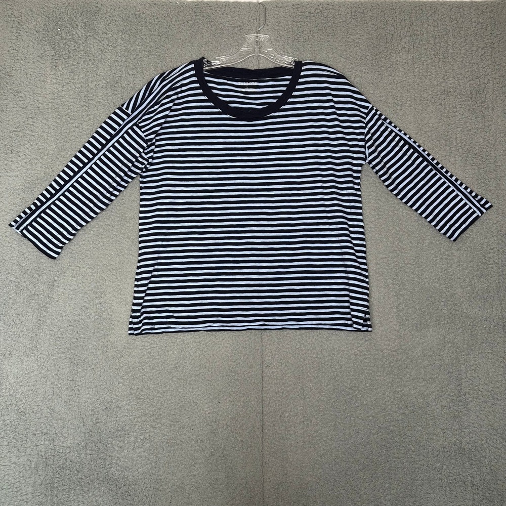 Talbots Womens Large Navy Blue Striped 100% Cotton 3/4 Sleeve Crewneck Top